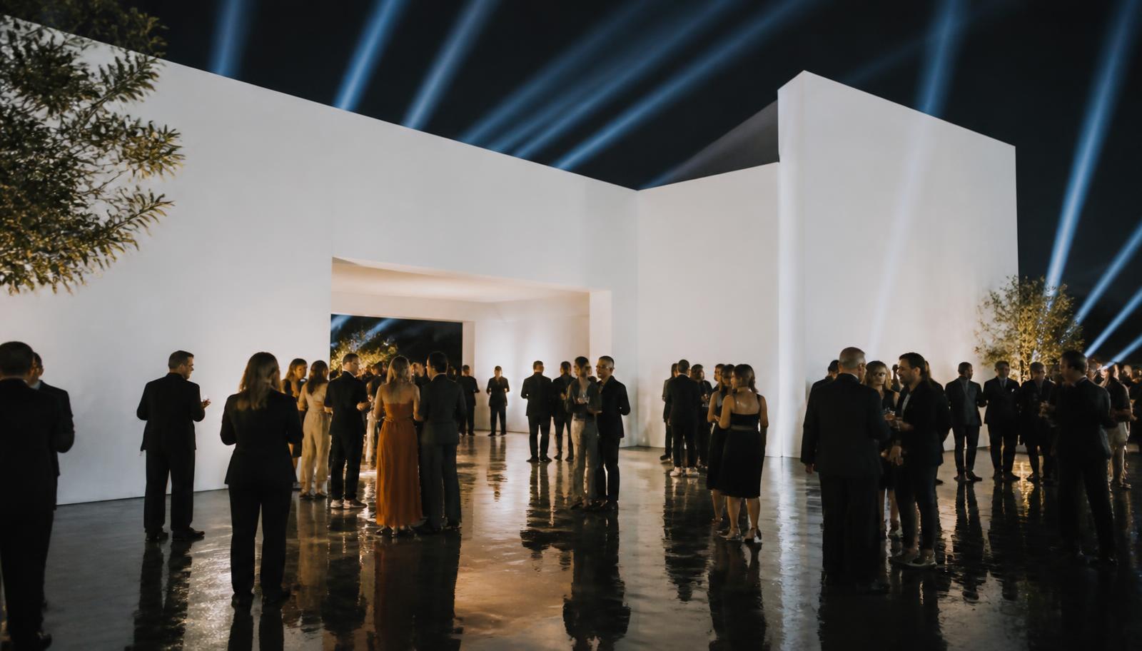 Brand activation at night with spotlight beams over a crowd